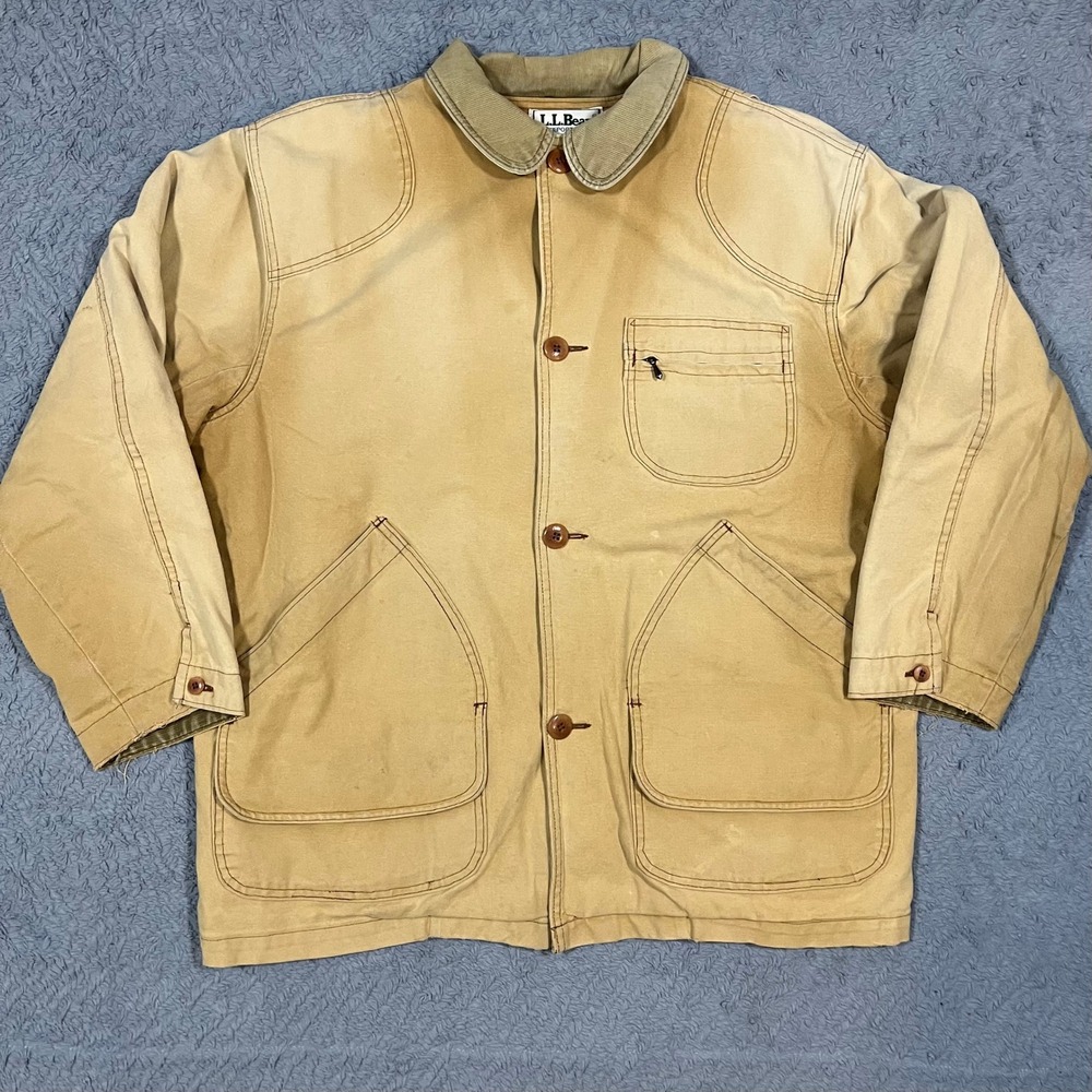 Vintage LL Bean Canvas Jacket Barn Chore Field Coat Plaid Lined Mens L Faded